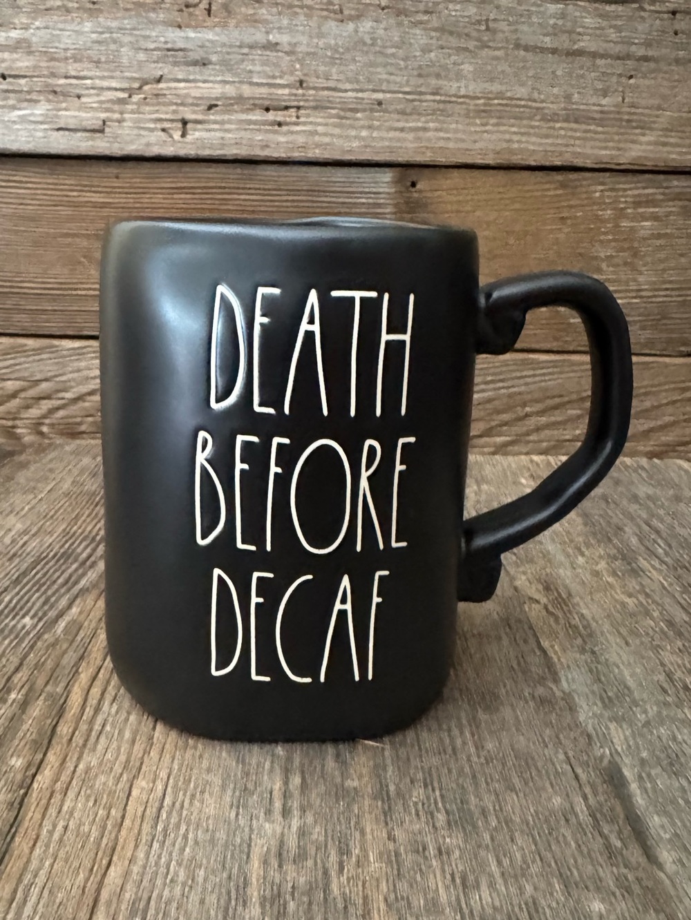 Rae Dunn "Death Before Decaf" Ceramic Coffee Mug